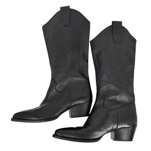 Zara Tall Western Leather Boots Black Womens Size 7.5 Point Toe Cowgirl - Picture 6 of 16